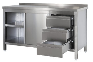 A&S Gastro Edelstahl Arbeitsschrank mit Aufkantung, Schubladenblock rechts, Türen und höhenverstellbaren Zwischenboden | Bautiefe 600mm |  AISI 304