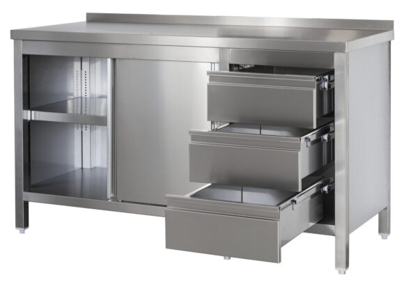 A&S Gastro Edelstahl Arbeitsschrank mit Aufkantung, Schubladenblock rechts, Türen und höhenverstellbaren Zwischenboden | Bautiefe 800mm |  AISI 304