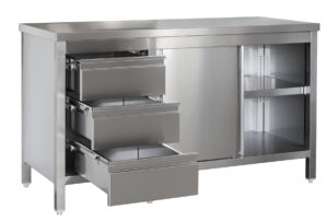 A&S Gastro Edelstahl Arbeitsschrank mit Schubladenblock links. Türen und höhenverstellbaren Zwischenboden | Bautiefe 700mm |  AISI 304