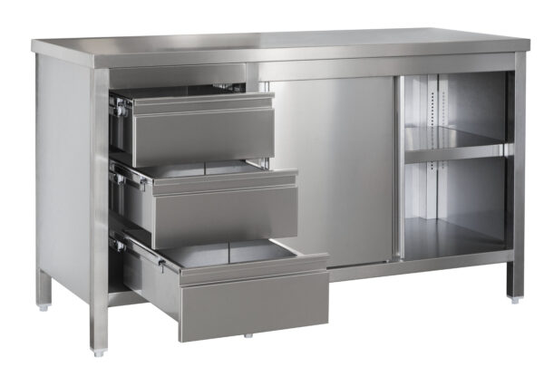 A&S Gastro Edelstahl Arbeitsschrank mit Schubladenblock links. Türen und höhenverstellbaren Zwischenboden | Bautiefe 700mm |  AISI 304