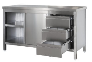 A&S Gastro Edelstahl Arbeitsschrank mit Schubladenblock rechts. Türen und höhenverstellbaren Zwischenboden | Bautiefe 800mm |  AISI 304