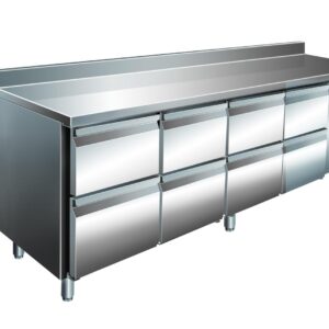 A&S Gastro VIP Kühltisch mit 4x 2 Schubladen und Aufkantung -2 bis +8°C 2.230x600x960 mm