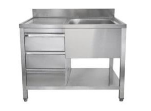 A&S Gastro Spültisch mit Schubladenblock, 1 Becken rechts, Bautiefe 600 mm | 140x600x850 mm