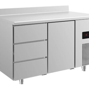 A&S Gastro Kühltisch -2 bis +8°C 1400x700x850mm mit 1x Tür und 1x drei Schubladen u. Aufkantung
