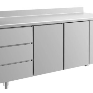 A&S Gastro Kühltisch -2 bis +8°C 1865x700x850mm mit 2x Türen und 1x drei Schubladen u. Aufkantung