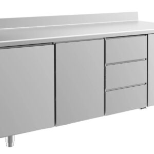 A&S Gastro Kühltisch -2 bis +8°C 1865x700x850mm mit 2x Türen und 1x drei Schubladen u. Aufkantung