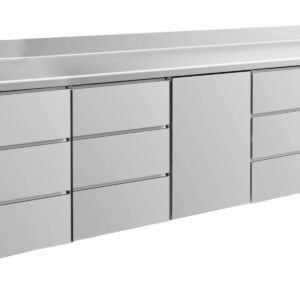 A&S Gastro Kühltisch -2 bis +8°C 2330x700x850mm mit 1x Tür und 3x drei Schubladen u. Aufkantung