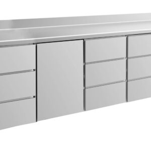 A&S Gastro Kühltisch -2 bis +8°C 2330x700x850mm mit 1x Tür und 3x drei Schubladen u. Aufkantung