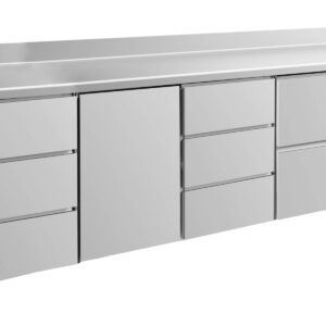 A&S Gastro Kühltisch -2 bis +8°C 2330x700x850mm mit 1x Tür, 1x zwei Schubladen und 2x 3 Schubladen u. Aufkantung