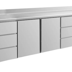 A&S Gastro Kühltisch -2 bis +8°C 2330x700x850mm mit 2x Türen und 2x drei Schubladen u. Aufkantung