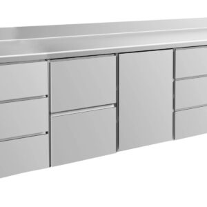 A&S Gastro Kühltisch -2 bis +8°C 2330x700x850mm mit 1x Tür, 1x zwei Schubladen und 2x 3 Schubladen u. Aufkantung