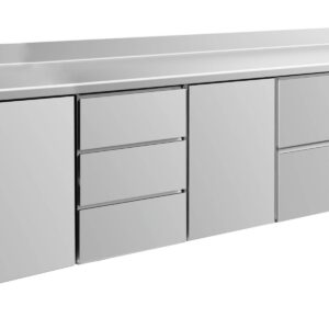 A&S Gastro Kühltisch -2 bis +8°C 2330x700x850mm mit 2x Türen, 1x zwei Schubladen und 1x 3 Schubladen u. Aufkantung