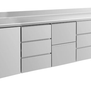 A&S Gastro Kühltisch -2 bis +8°C 2330x700x850mm mit 1x Tür, 1x zwei Schubladen und 2x 3 Schubladen u. Aufkantung