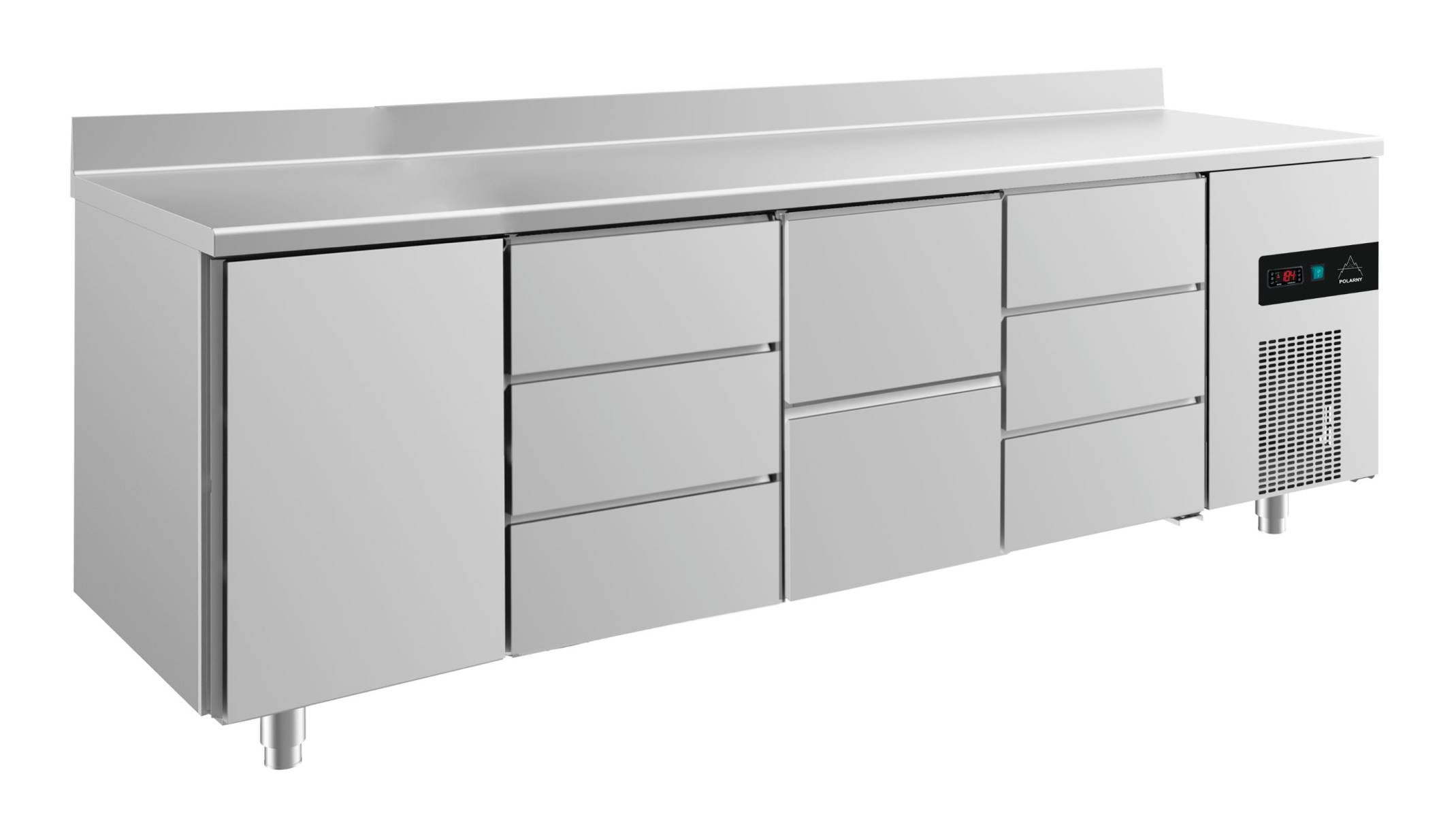 A&S Gastro Kühltisch -2 bis +8°C 2330x700x850mm mit 1x Tür, 1x zwei Schubladen und 2x 3 Schubladen u. Aufkantung