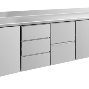 A&S Gastro Kühltisch -2 bis +8°C 2330x700x850mm mit 2x Türen, 1x zwei Schubladen und 1x 3 Schubladen u. Aufkantung