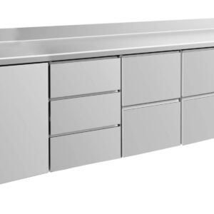 A&S Gastro Kühltisch -2 bis +8°C 2330x700x850mm mit 1x Tür, 2x zwei Schubladen und 1x 3 Schubladen u. Aufkantung