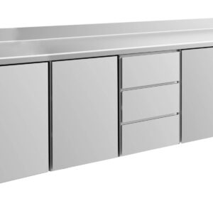 A&S Gastro Kühltisch -2 bis +8°C 2330x700x850mm mit 3x Türen und 1x drei Schubladen u. Aufkantung