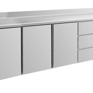A&S Gastro Kühltisch -2 bis +8°C 2330x700x850mm mit 3x Türen und 1x drei Schubladen u. Aufkantung