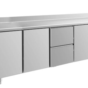 A&S Gastro Kühltisch -2 bis +8°C 2330x700x850mm mit 3x Türen und 1x zwei Schubladen u. Aufkantung