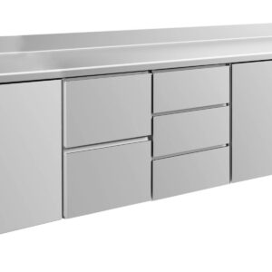 A&S Gastro Kühltisch -2 bis +8°C 2330x700x850mm mit 2x Türen, 1x zwei Schubladen und 1x 3 Schubladen u. Aufkantung