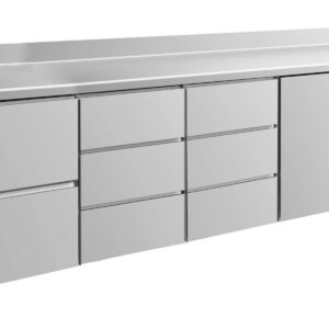 A&S Gastro Kühltisch -2 bis +8°C 2330x700x850mm mit 1x Tür, 1x zwei Schubladen und 2x 3 Schubladen u. Aufkantung