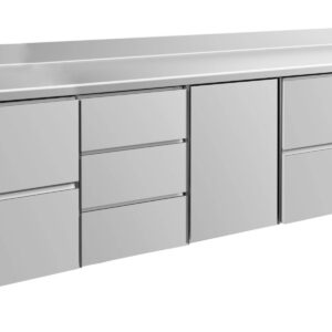 A&S Gastro Kühltisch -2 bis +8°C 2330x700x850mm mit 1x Tür, 2x zwei Schubladen und 1x 3 Schubladen u. Aufkantung