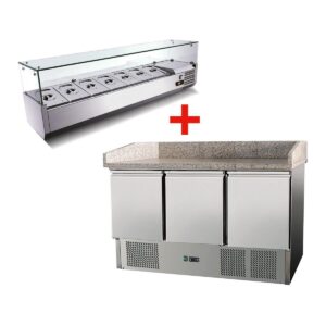 Skyrainbow Pizzatisch 3 Türen, mit Unterbaukühlung, 140 x 70 Kühlaufsatz GN1/3 mit Glas