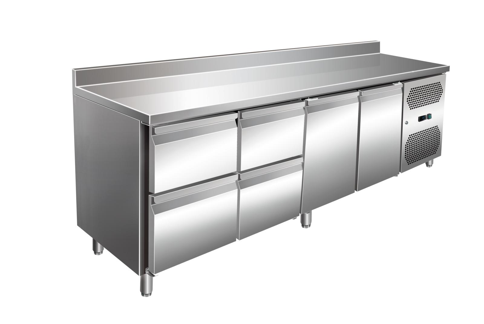 A&S Gastro VIP Kühltisch mit 2x 2 Schubladen und 2 Türen und Aufkantung -2 bis +8°C 2.230x600x960 mm