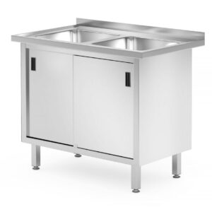 HENDI Tisch mit 2 Spülbecken, Schrank – verschweißt, mit Schiebetüren