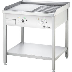 STALGAST Stalgast Elektro-Griddleplatte als Standgerät - ½ glatt / ½ gerillt, Unterbau offen, 800 x 700 x 850 mm (BxTxH)