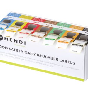 HENDI Set Lebensmittelsicherheitsetiketten, mehrfach verwendbar, leicht herausnehmbar, mit Spender, HENDI, 240x80x(H)100mm
