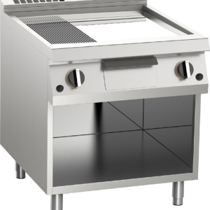 KBS Gastrotechnik Gas-Grillplatte geteilt verchromt 14kW mit 2 Heizzonen offener Unterbau