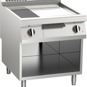 KBS Gastrotechnik Elektro-Grillplatte geteilt verchromt 15kW mit 2 Heizzonen offener Unterbau
