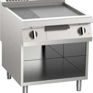 KBS Gastrotechnik Elektro-Grillplatte geteilt aus Edelstahl 15,0 KW mit 2 Heizzonen offener Unterbau