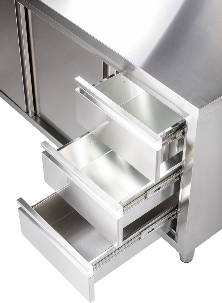 KBS Gastrotechnik Arbeitsschrank mit Schiebetüren, Schubladen und Aufkantung B 160cm x T 60cm 2 KBS Gastrotechnik Arbeitsschrank mit Schiebetüren, Schubladen und Aufkantung B 160cm x T 60cm – Bild 2